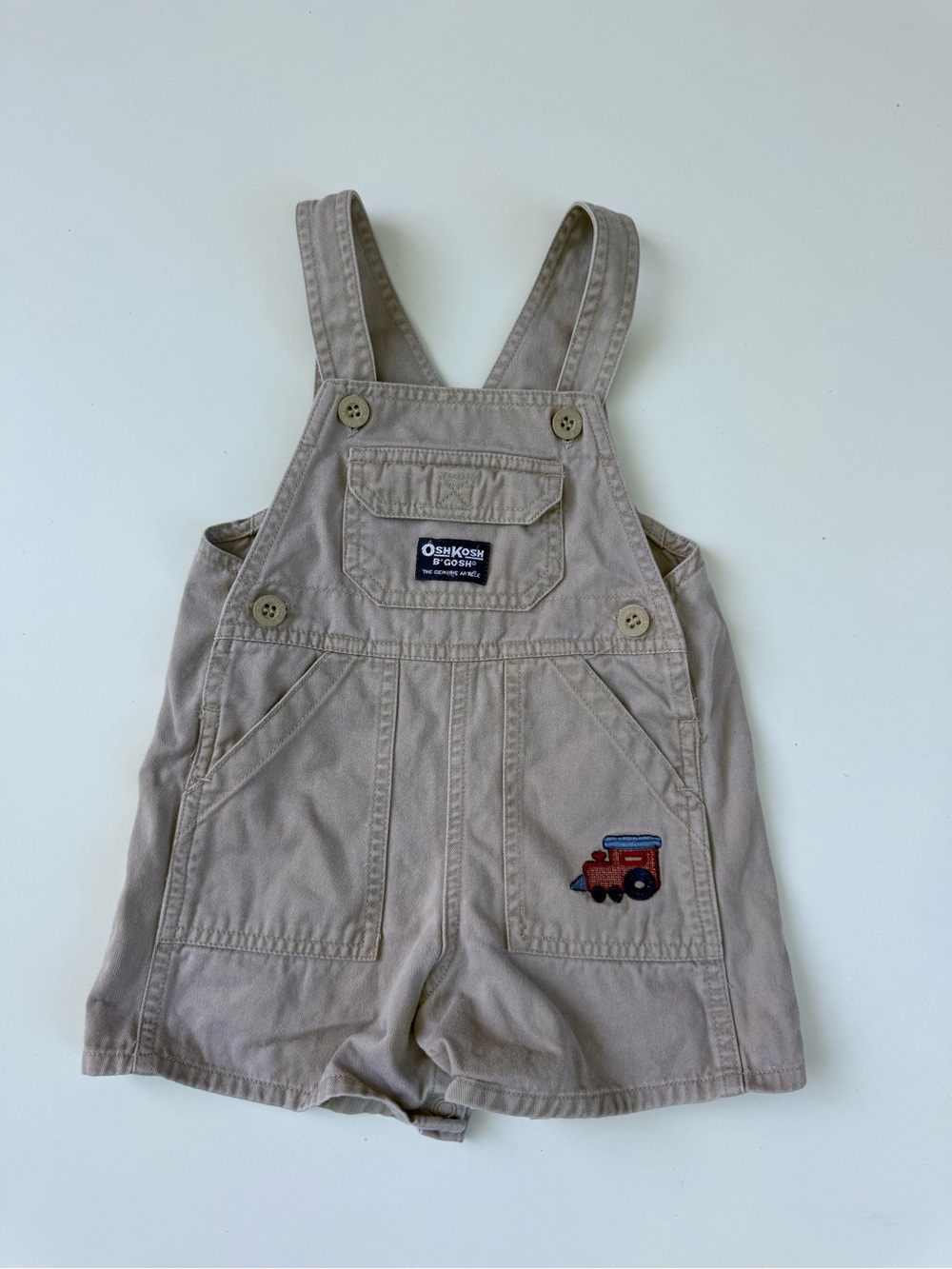 Vintage OshKosh B'Gosh Toddler Khaki Short Overalls with Truck Embroidery